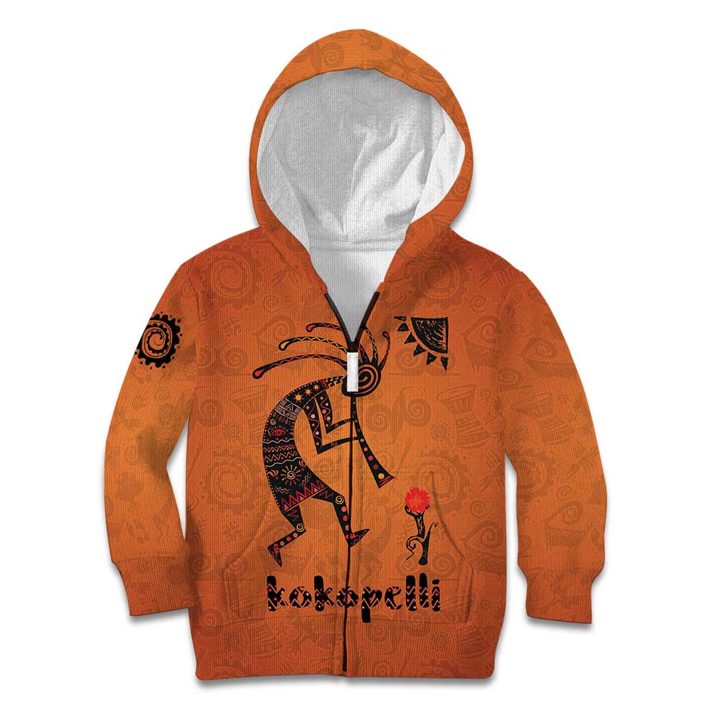 Kokopelli Tribal Kid Hoodie Native American Southwestern Petroglyph Patterns Sunset Landscape - Wonder Print Shop