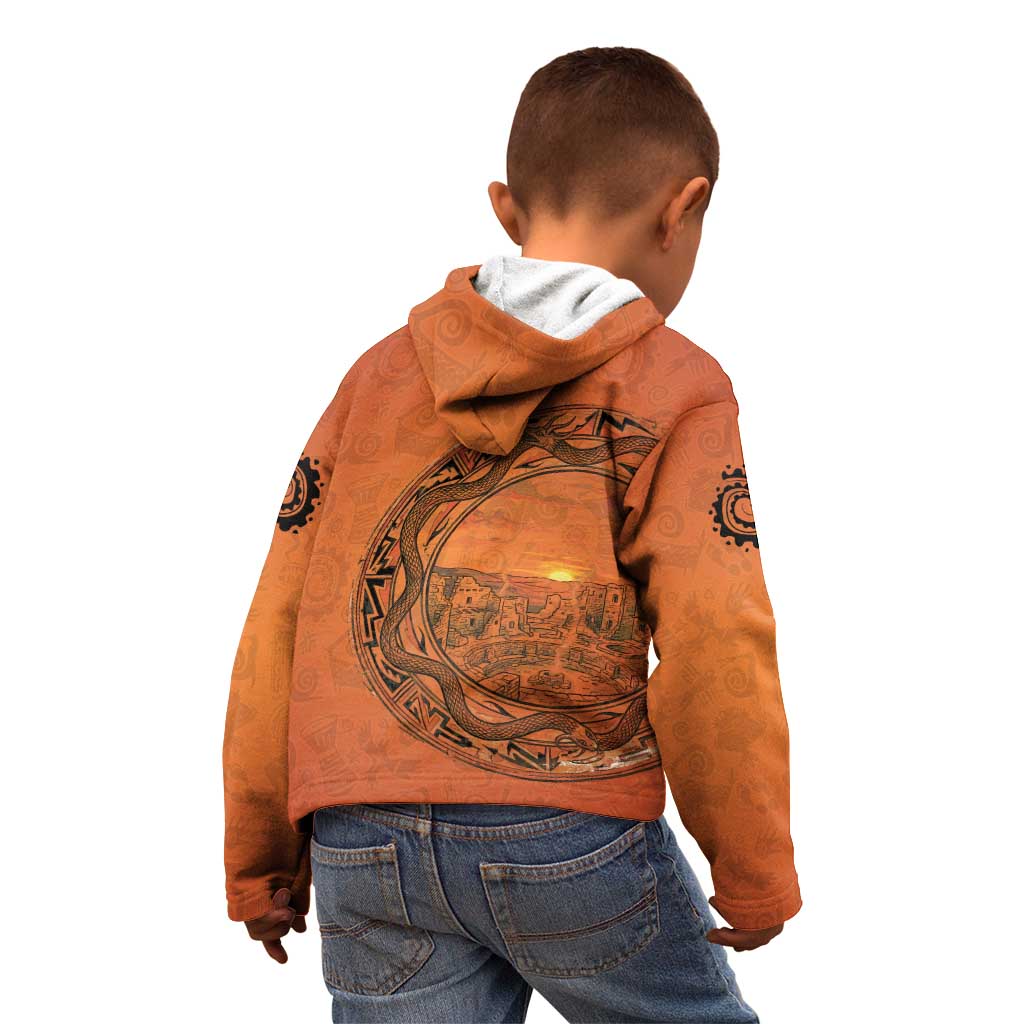 Kokopelli Tribal Kid Hoodie Native American Southwestern Petroglyph Patterns Sunset Landscape - Wonder Print Shop