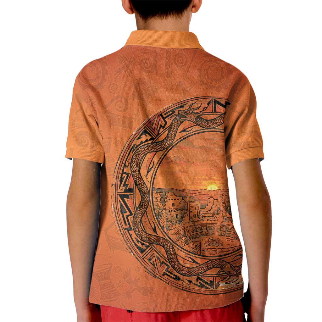 Kokopelli Tribal Kid Polo Shirt Native American Southwestern Petroglyph Patterns Sunset Landscape - Wonder Print Shop