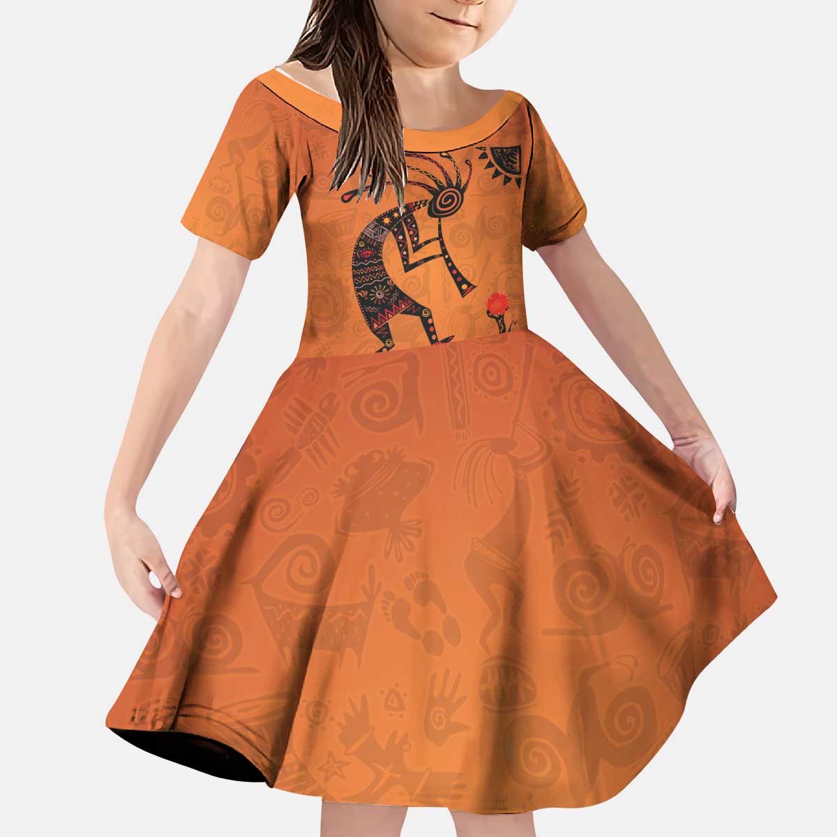 Kokopelli Tribal Kid Short Sleeve Dress Native American Southwestern Petroglyph Patterns Sunset Landscape - Wonder Print Shop