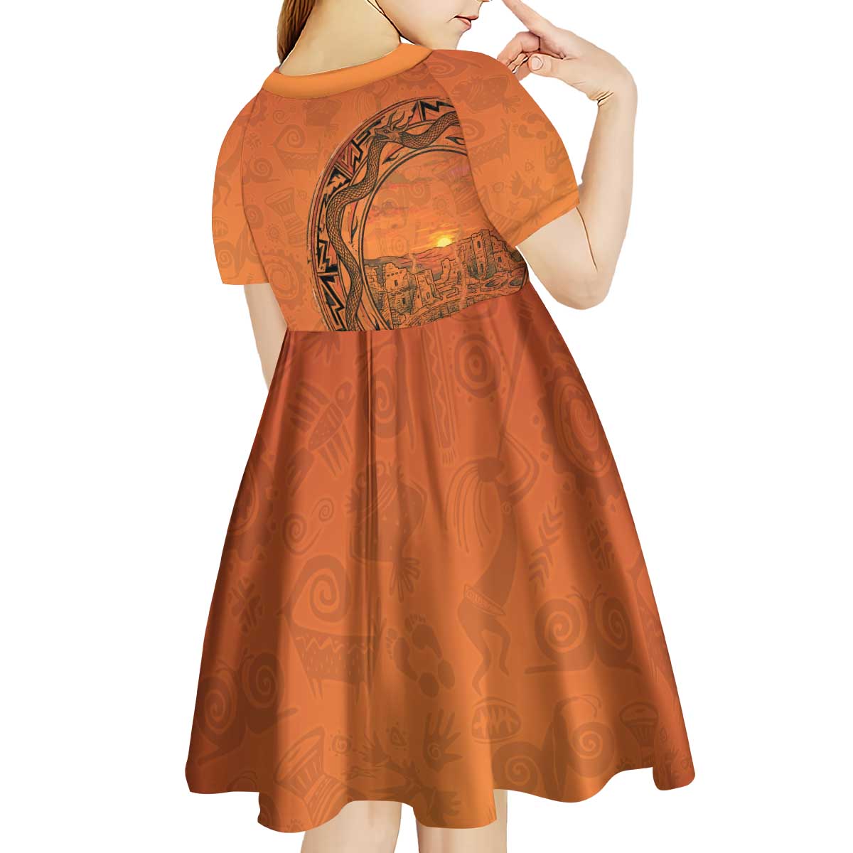 Kokopelli Tribal Kid Short Sleeve Dress Native American Southwestern Petroglyph Patterns Sunset Landscape - Wonder Print Shop