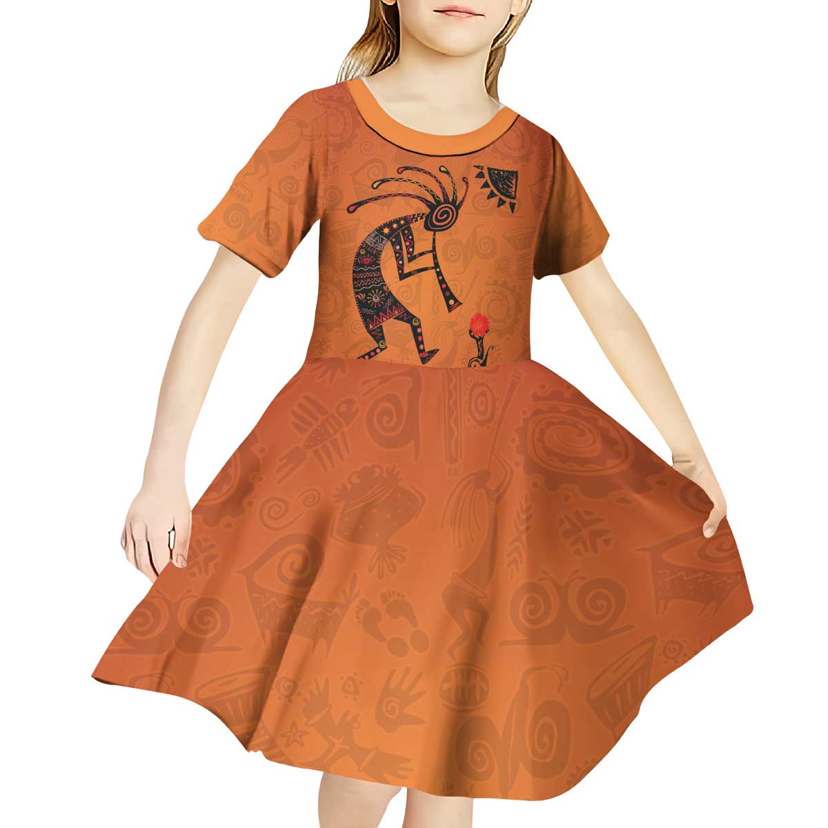Kokopelli Tribal Kid Short Sleeve Dress Native American Southwestern Petroglyph Patterns Sunset Landscape - Wonder Print Shop