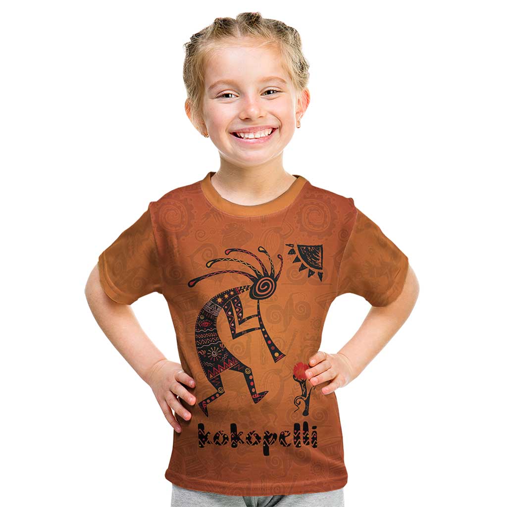 Kokopelli Tribal Kid T Shirt Native American Southwestern Petroglyph Patterns Sunset Landscape - Wonder Print Shop