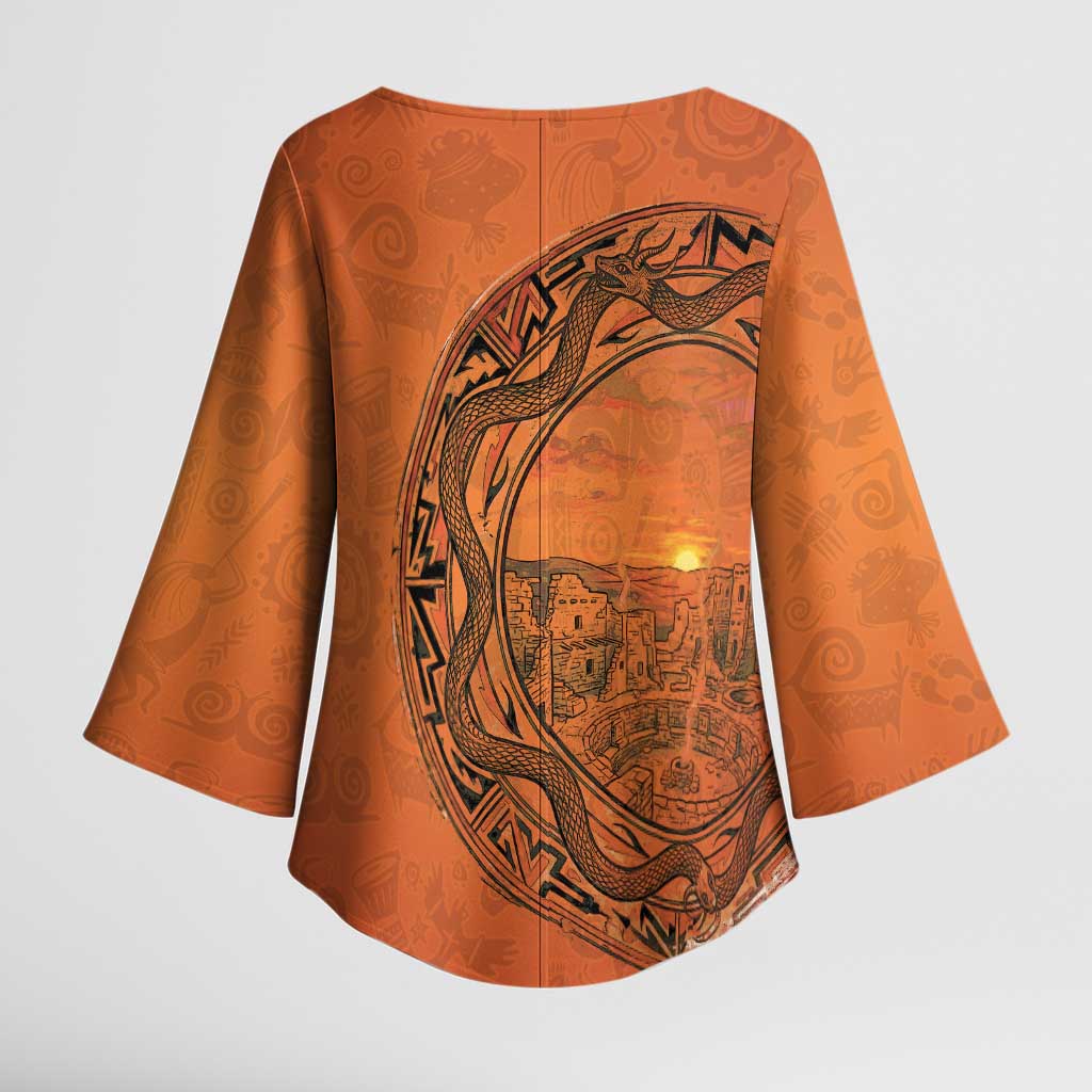 Kokopelli Tribal Kimono Sleeve Blouse Native American Southwestern Petroglyph Patterns Sunset Landscape - Wonder Print Shop