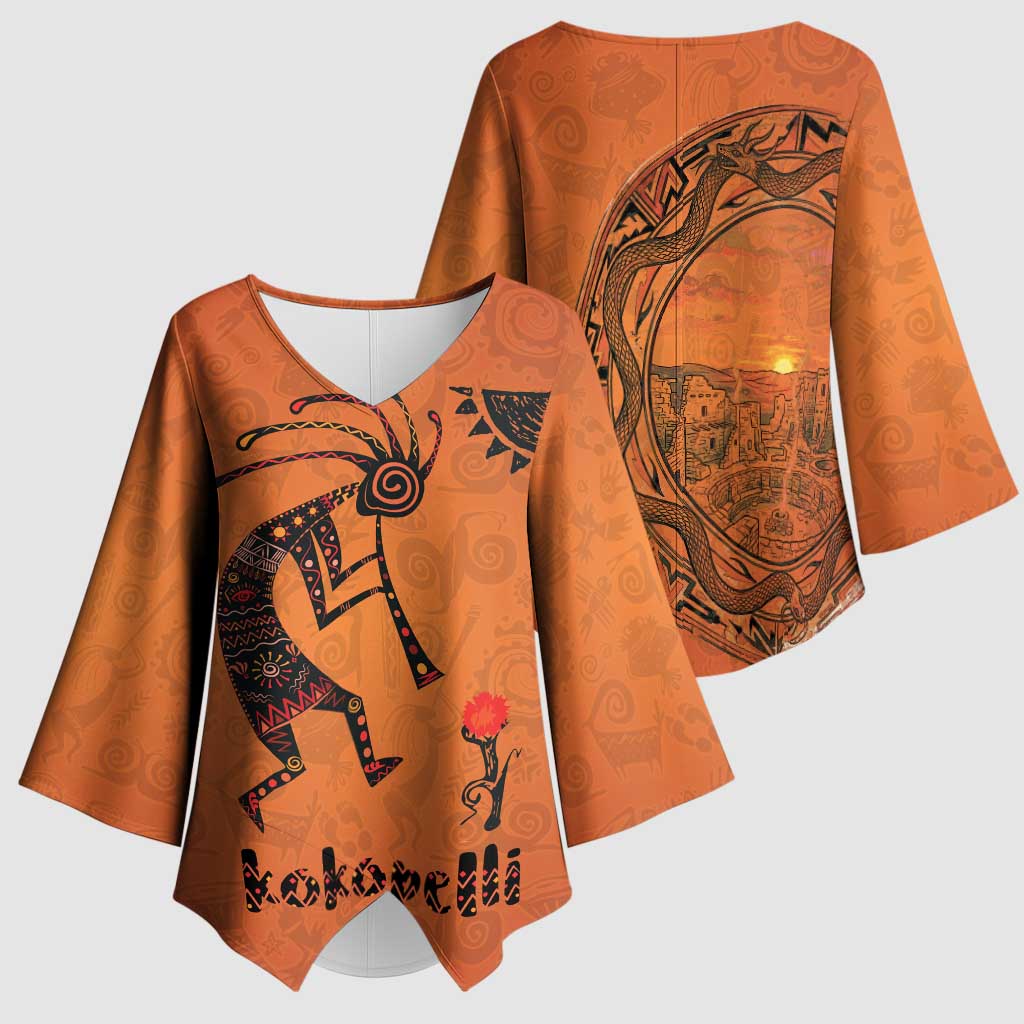 Kokopelli Tribal Kimono Sleeve Blouse Native American Southwestern Petroglyph Patterns Sunset Landscape - Wonder Print Shop