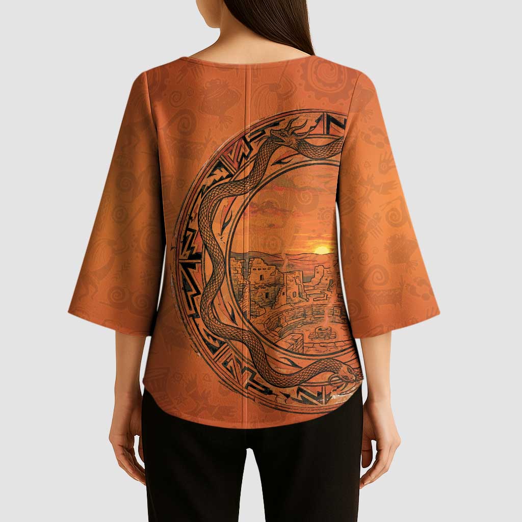 Kokopelli Tribal Kimono Sleeve Blouse Native American Southwestern Petroglyph Patterns Sunset Landscape - Wonder Print Shop