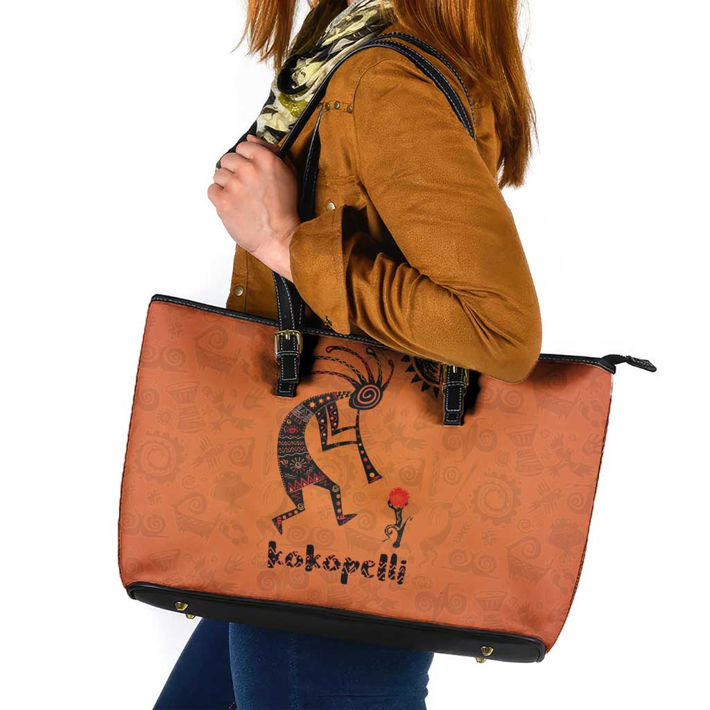 Kokopelli Tribal Leather Tote Bag Native American Southwestern Petroglyph Patterns Sunset Landscape - Wonder Print Shop