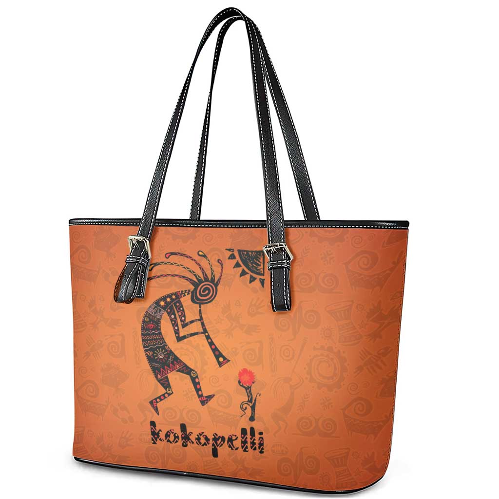 Kokopelli Tribal Leather Tote Bag Native American Southwestern Petroglyph Patterns Sunset Landscape - Wonder Print Shop