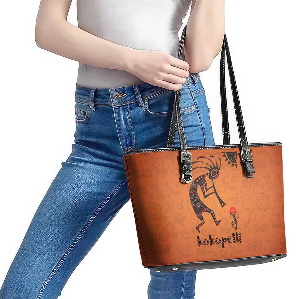 Kokopelli Tribal Leather Tote Bag Native American Southwestern Petroglyph Patterns Sunset Landscape - Wonder Print Shop