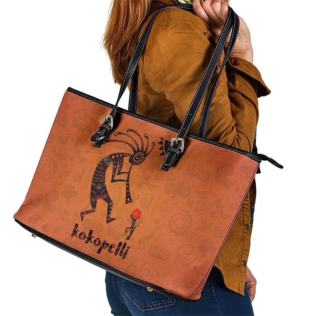 Kokopelli Tribal Leather Tote Bag Native American Southwestern Petroglyph Patterns Sunset Landscape - Wonder Print Shop