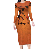 Kokopelli Tribal Long Sleeve Bodycon Dress Native American Southwestern Petroglyph Patterns Sunset Landscape - Wonder Print Shop