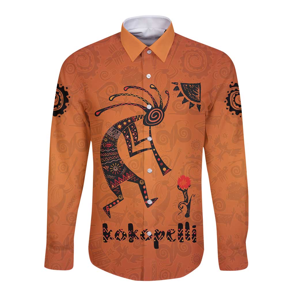Kokopelli Tribal Long Sleeve Button Shirt Native American Southwestern Petroglyph Patterns Sunset Landscape - Wonder Print Shop