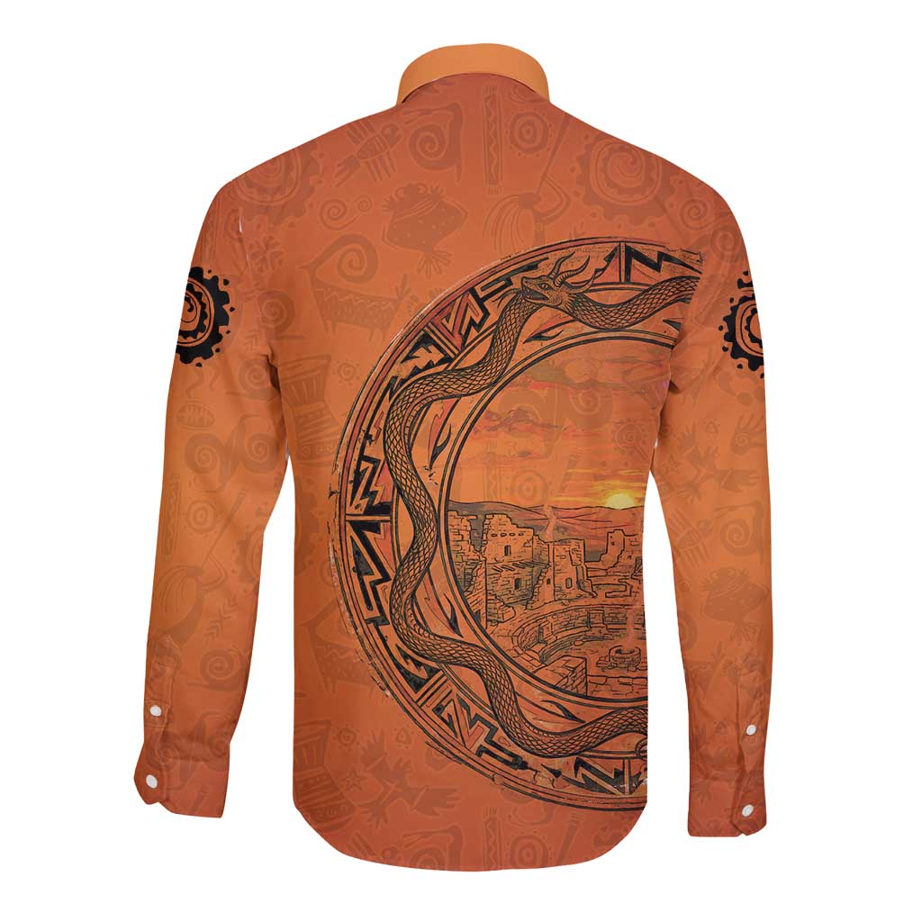 Kokopelli Tribal Long Sleeve Button Shirt Native American Southwestern Petroglyph Patterns Sunset Landscape - Wonder Print Shop