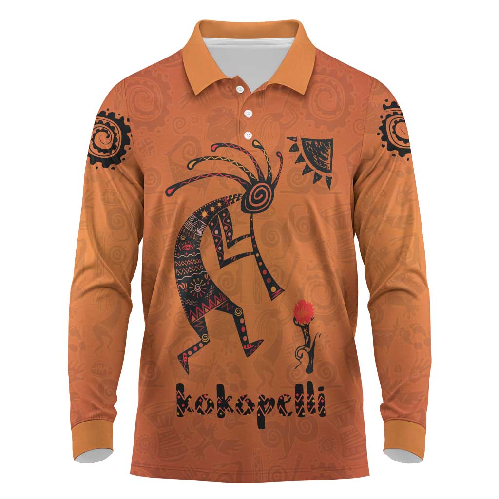 Kokopelli Tribal Long Sleeve Polo Shirt Native American Southwestern Petroglyph Patterns Sunset Landscape - Wonder Print Shop