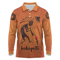 Kokopelli Tribal Long Sleeve Polo Shirt Native American Southwestern Petroglyph Patterns Sunset Landscape - Wonder Print Shop