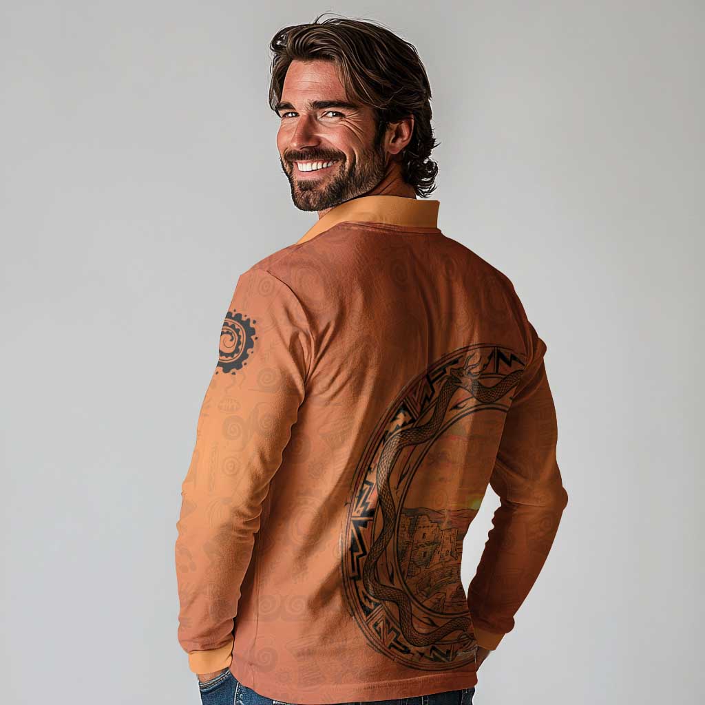 Kokopelli Tribal Long Sleeve Polo Shirt Native American Southwestern Petroglyph Patterns Sunset Landscape - Wonder Print Shop