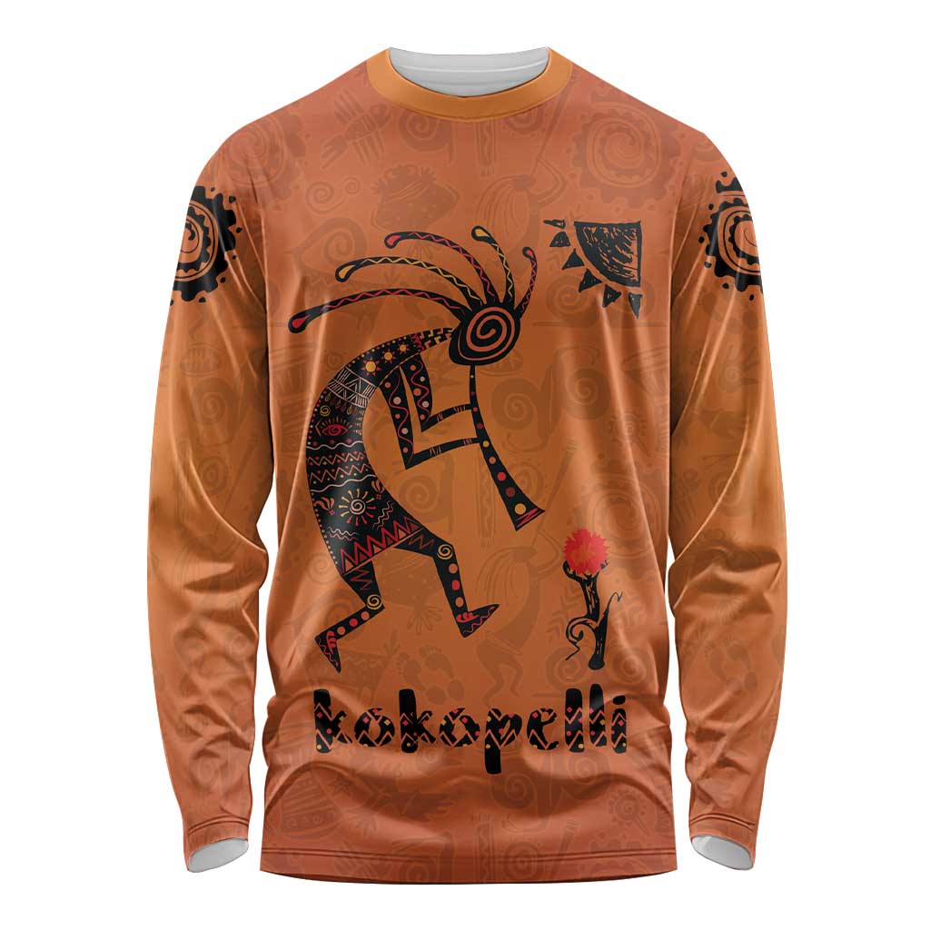 Kokopelli Tribal Long Sleeve Shirt Native American Southwestern Petroglyph Patterns Sunset Landscape - Wonder Print Shop