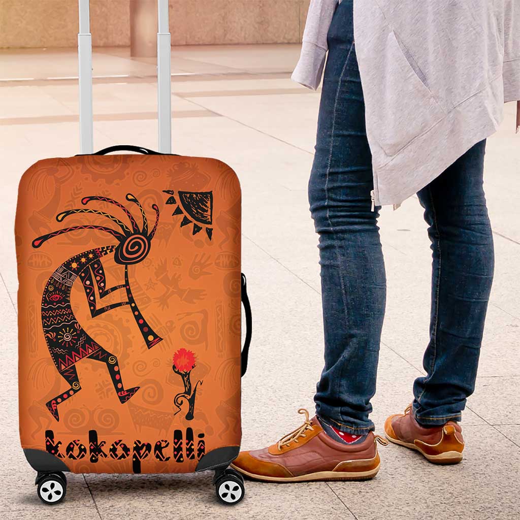 Kokopelli Tribal Luggage Cover Native American Southwestern Petroglyph Patterns Sunset Landscape - Wonder Print Shop