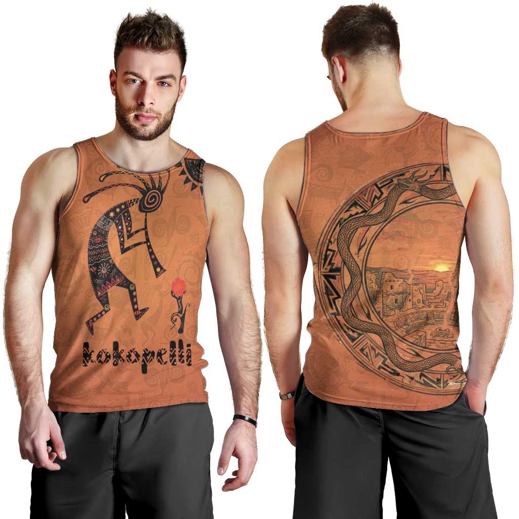 Kokopelli Tribal Men Tank Top Native American Southwestern Petroglyph Patterns Sunset Landscape - Wonder Print Shop