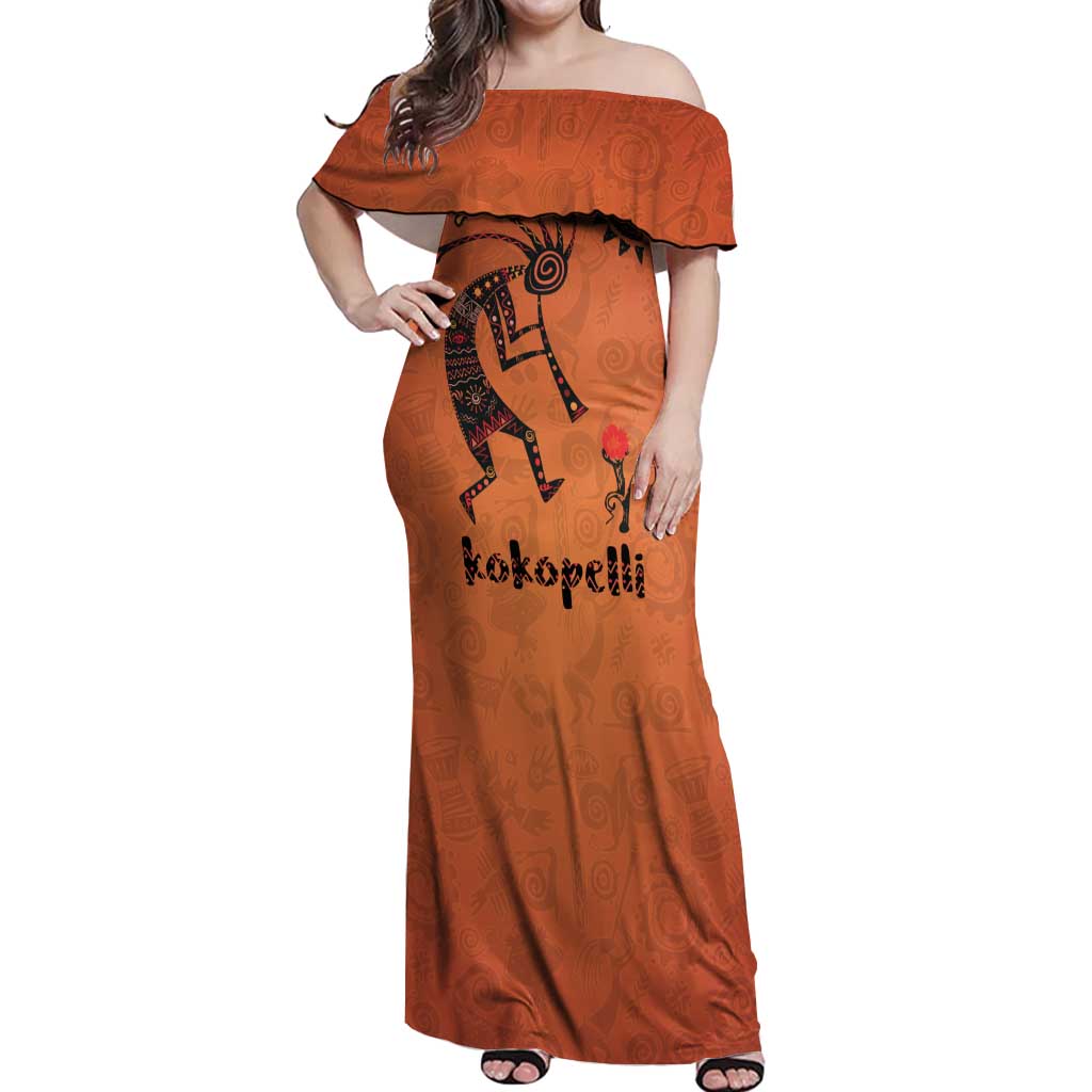Kokopelli Tribal Off Shoulder Maxi Dress Native American Southwestern Petroglyph Patterns Sunset Landscape - Wonder Print Shop