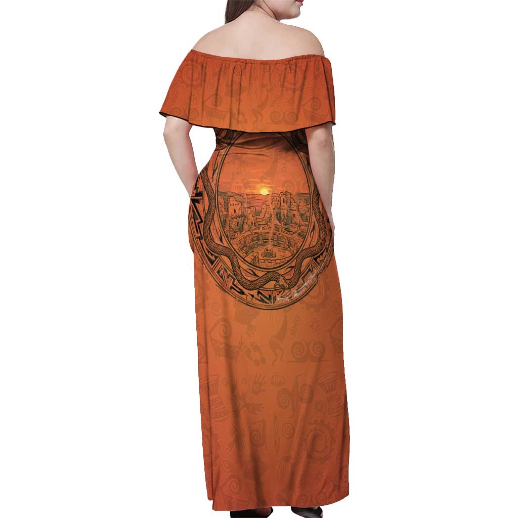 Kokopelli Tribal Off Shoulder Maxi Dress Native American Southwestern Petroglyph Patterns Sunset Landscape - Wonder Print Shop