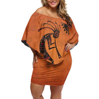 Kokopelli Tribal Off Shoulder Short Dress Native American Southwestern Petroglyph Patterns Sunset Landscape - Wonder Print Shop