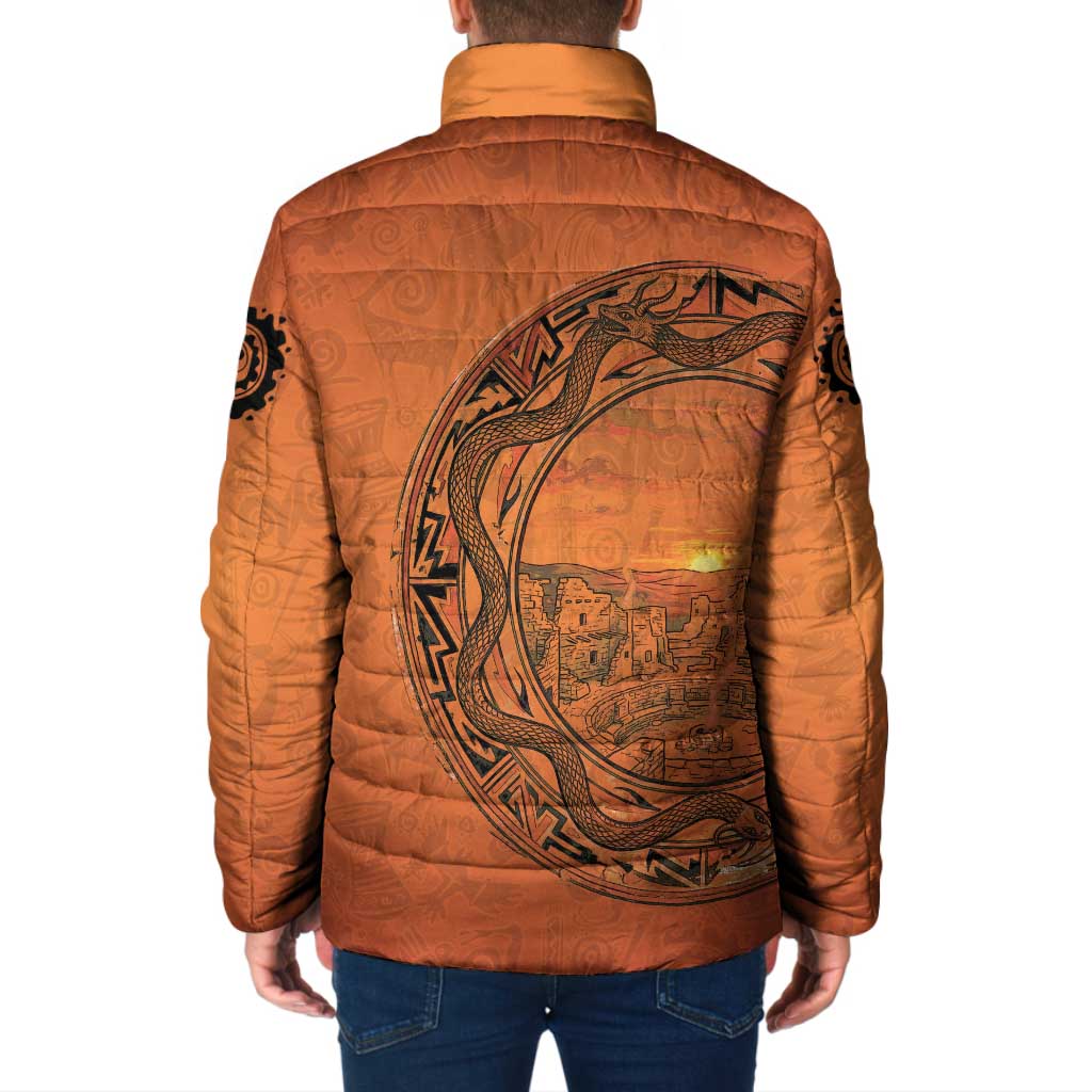 Kokopelli Tribal Padded Jacket Native American Southwestern Petroglyph Patterns Sunset Landscape - Wonder Print Shop