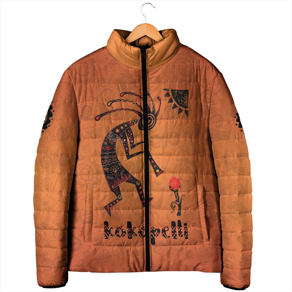 Kokopelli Tribal Padded Jacket Native American Southwestern Petroglyph Patterns Sunset Landscape - Wonder Print Shop