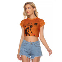 Kokopelli Tribal Raglan Cropped T Shirt Native American Southwestern Petroglyph Patterns Sunset Landscape - Wonder Print Shop