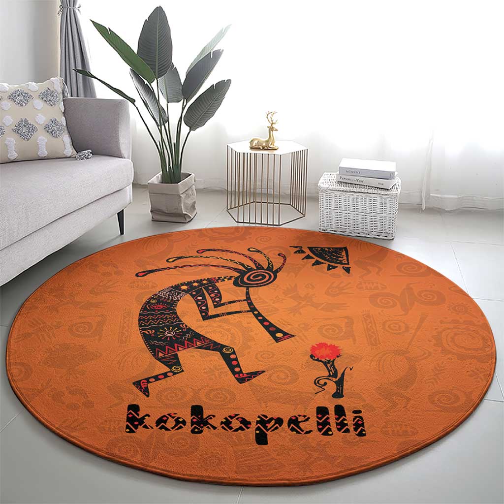 Kokopelli Tribal Round Carpet Native American Southwestern Petroglyph Patterns Sunset Landscape - Wonder Print Shop
