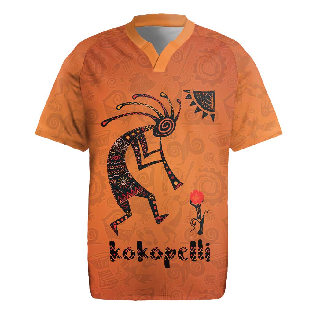 Kokopelli Tribal Rugby Jersey Native American Southwestern Petroglyph Patterns Sunset Landscape - Wonder Print Shop