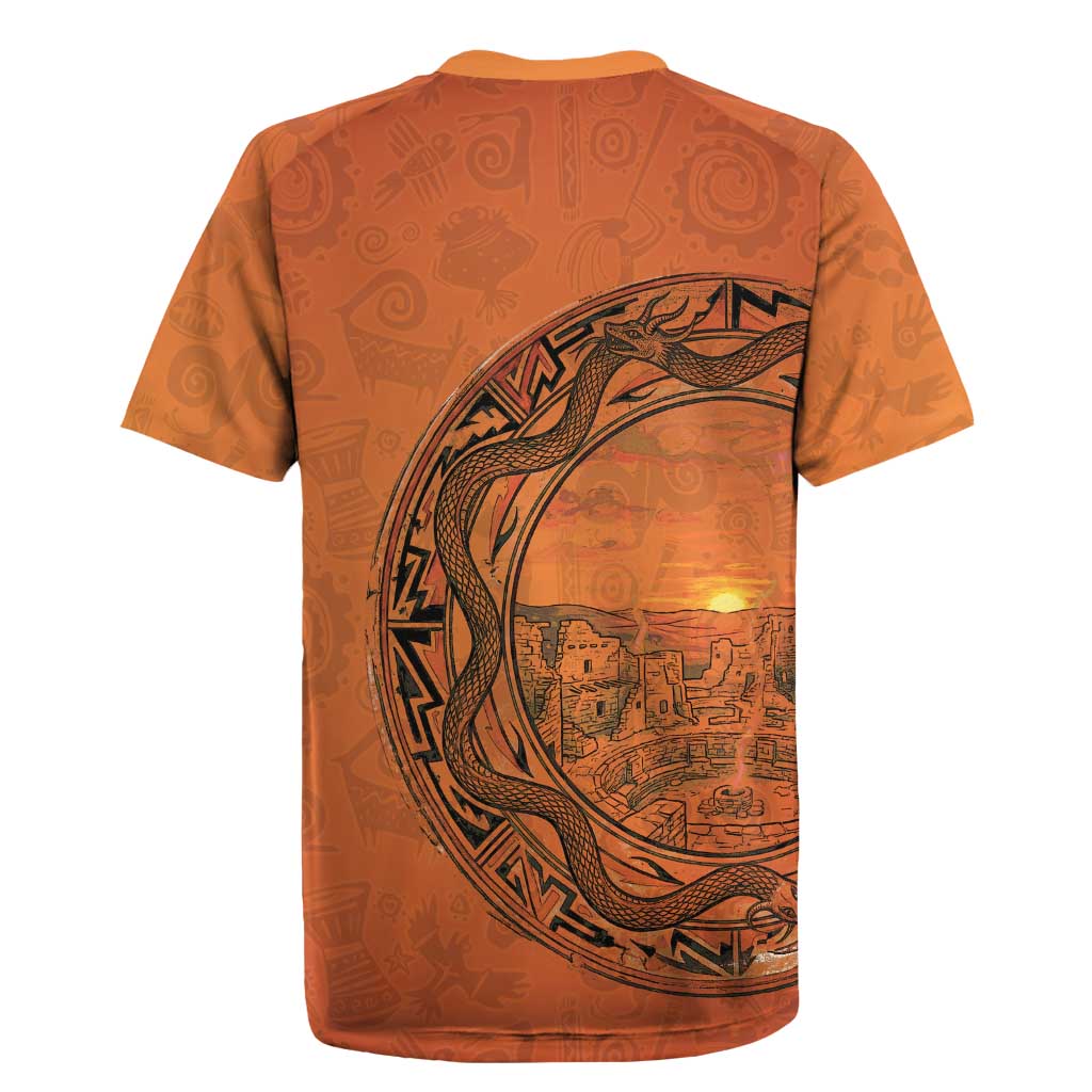 Kokopelli Tribal Rugby Jersey Native American Southwestern Petroglyph Patterns Sunset Landscape - Wonder Print Shop