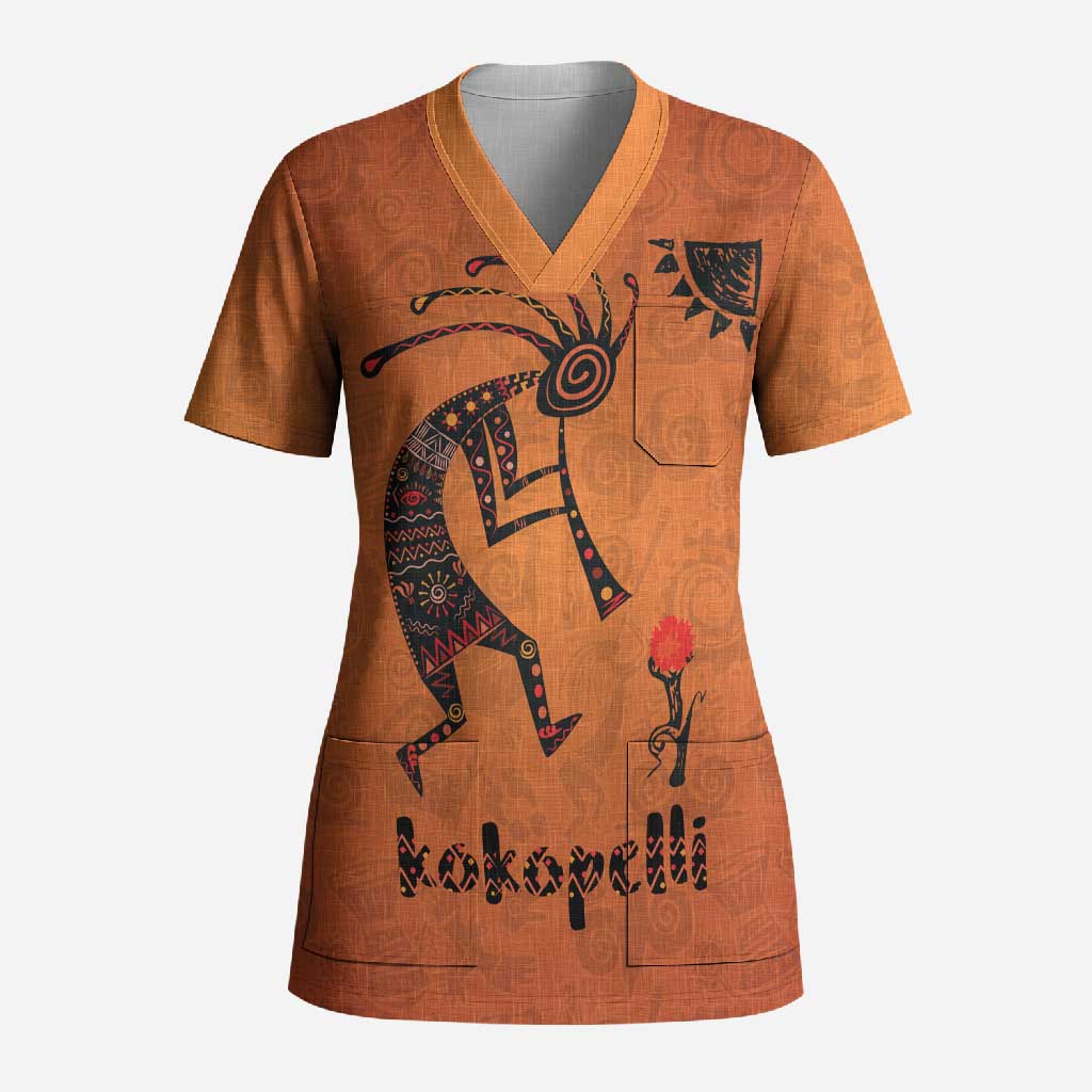 Kokopelli Tribal Scrub Top Native American Southwestern Petroglyph Patterns Sunset Landscape - Wonder Print Shop