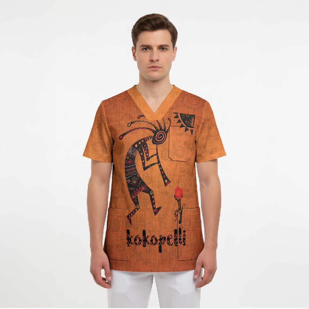 Kokopelli Tribal Scrub Top Native American Southwestern Petroglyph Patterns Sunset Landscape - Wonder Print Shop