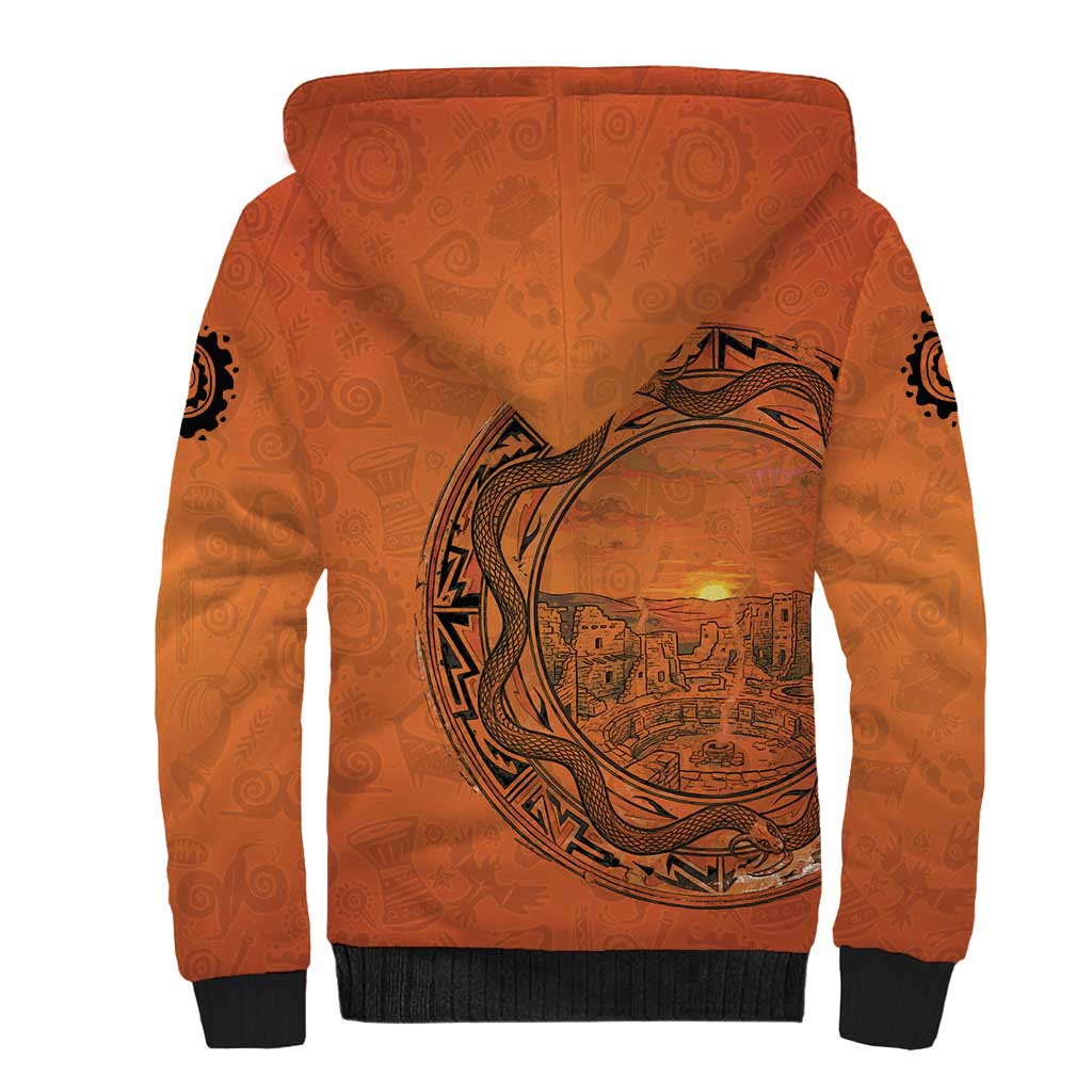 Kokopelli Tribal Sherpa Hoodie Native American Southwestern Petroglyph Patterns Sunset Landscape - Wonder Print Shop