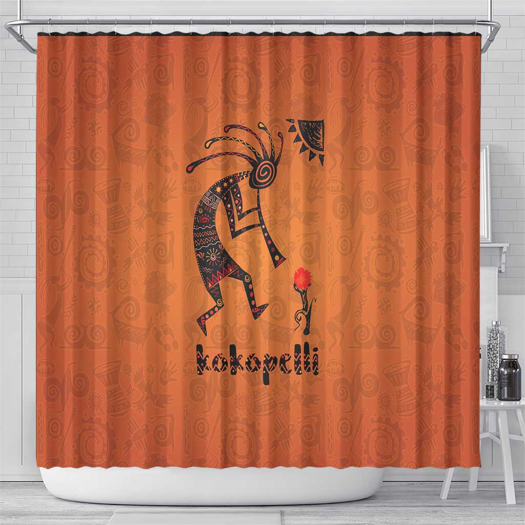 Kokopelli Tribal Shower Curtain Native American Southwestern Petroglyph Patterns Sunset Landscape - Wonder Print Shop