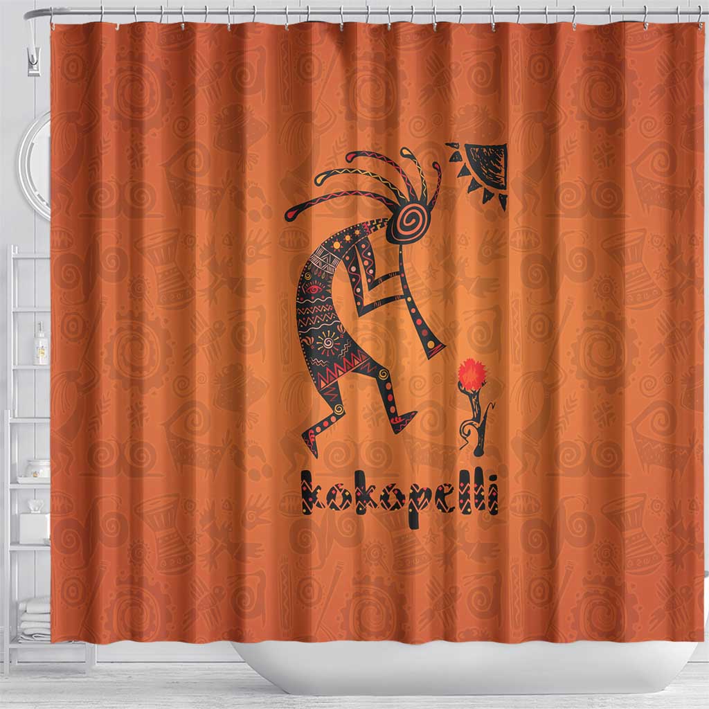 Kokopelli Tribal Shower Curtain Native American Southwestern Petroglyph Patterns Sunset Landscape - Wonder Print Shop