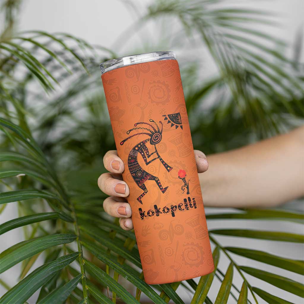 Kokopelli Tribal Skinny Tumbler Native American Southwestern Petroglyph Patterns Sunset Landscape - Wonder Print Shop