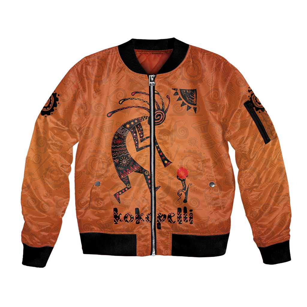 Kokopelli Tribal Sleeve Zip Bomber Jacket Native American Southwestern Petroglyph Patterns Sunset Landscape - Wonder Print Shop