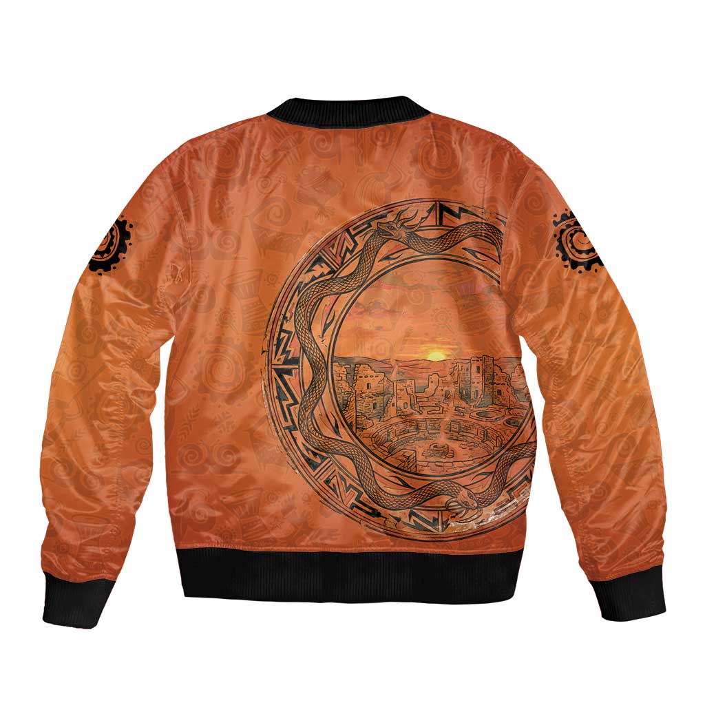 Kokopelli Tribal Sleeve Zip Bomber Jacket Native American Southwestern Petroglyph Patterns Sunset Landscape - Wonder Print Shop