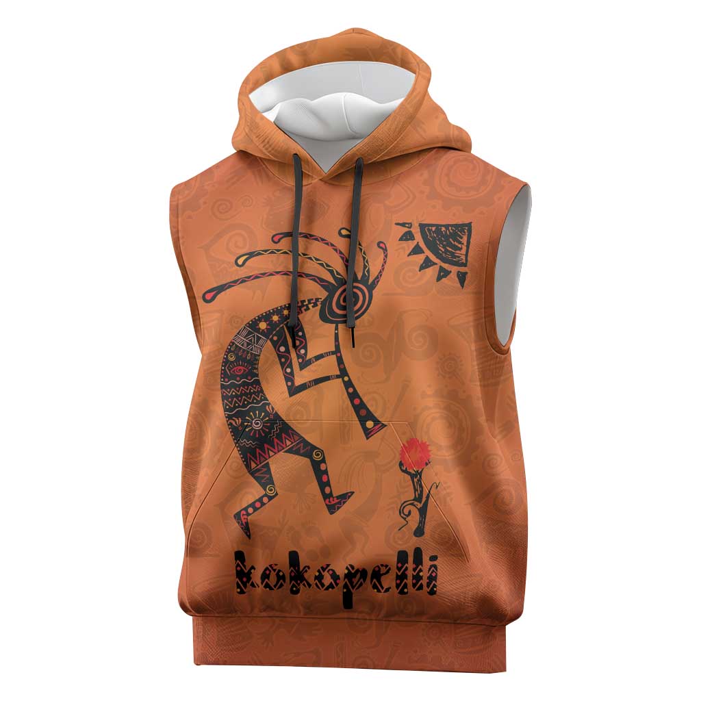 Kokopelli Tribal Sleeveless Hoodie Native American Southwestern Petroglyph Patterns Sunset Landscape - Wonder Print Shop
