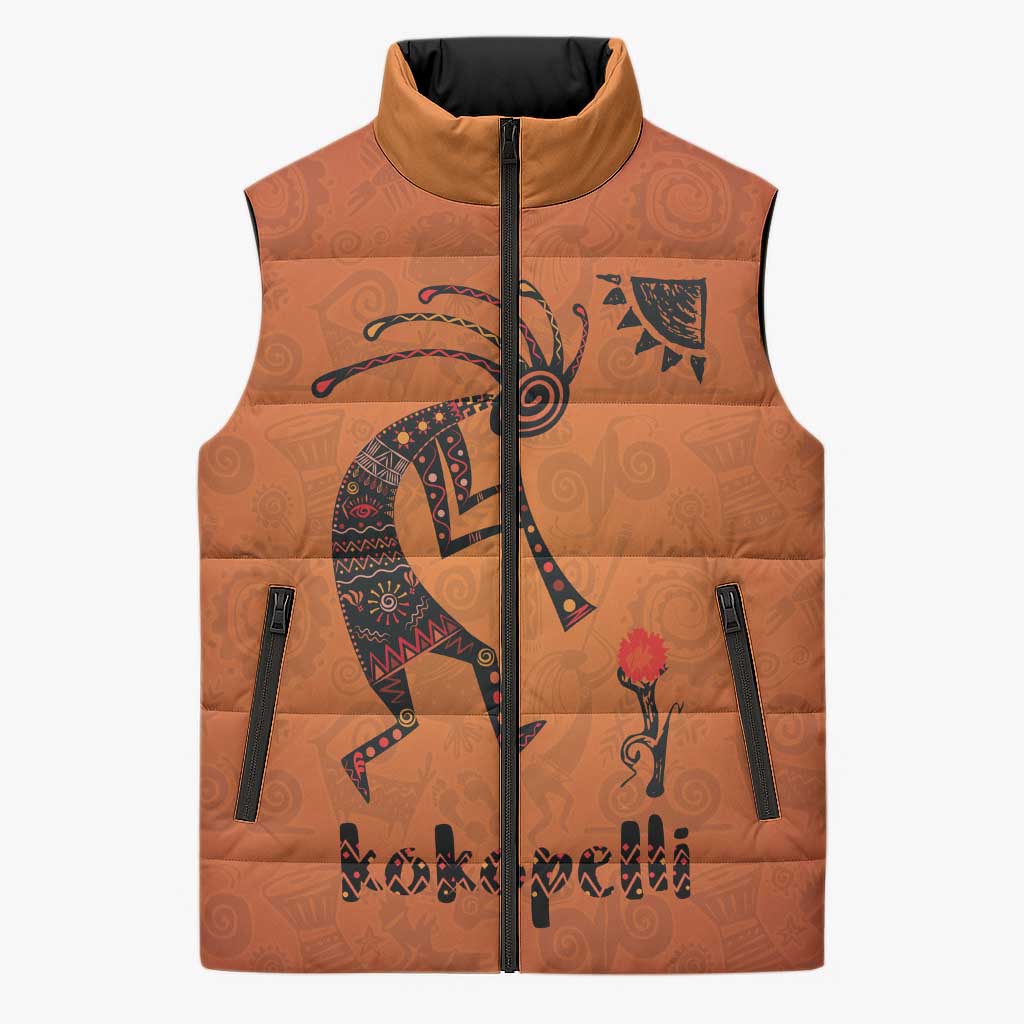 Kokopelli Tribal Sleeveless Puffer Jacket Native American Southwestern Petroglyph Patterns Sunset Landscape - Wonder Print Shop