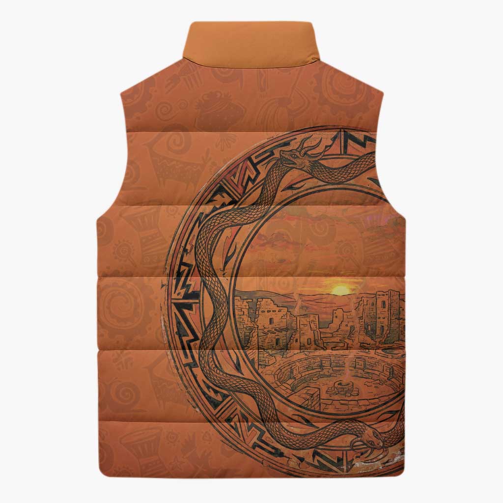 Kokopelli Tribal Sleeveless Puffer Jacket Native American Southwestern Petroglyph Patterns Sunset Landscape - Wonder Print Shop