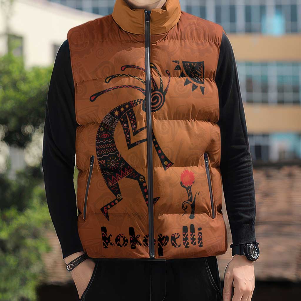 Kokopelli Tribal Sleeveless Puffer Jacket Native American Southwestern Petroglyph Patterns Sunset Landscape - Wonder Print Shop