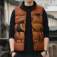 Kokopelli Tribal Sleeveless Puffer Jacket Native American Southwestern Petroglyph Patterns Sunset Landscape - Wonder Print Shop