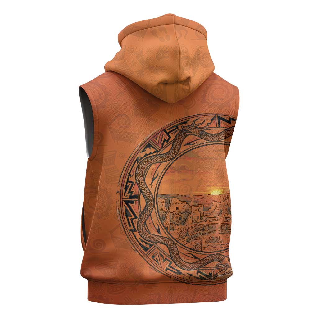 Kokopelli Tribal Sleeveless Zip Hoodie Native American Southwestern Petroglyph Patterns Sunset Landscape - Wonder Print Shop