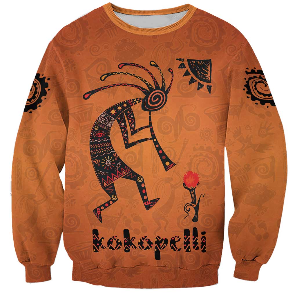 Kokopelli Tribal Sweatshirt Native American Southwestern Petroglyph Patterns Sunset Landscape - Wonder Print Shop