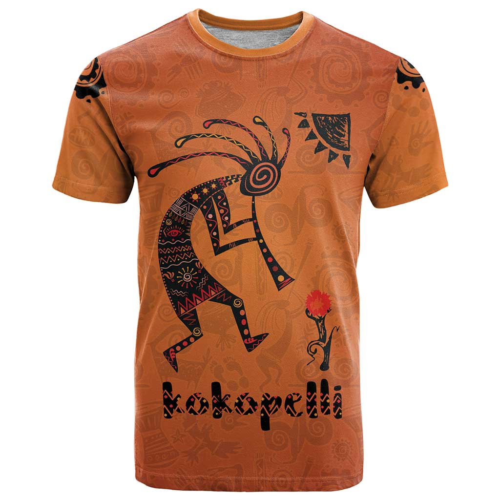 Kokopelli Tribal T Shirt Native American Southwestern Petroglyph Patterns Sunset Landscape - Wonder Print Shop