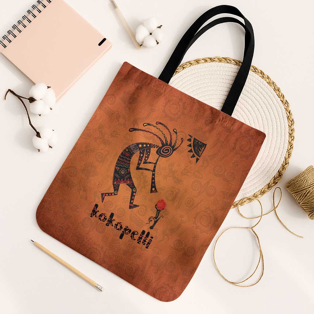 Kokopelli Tribal Tote Bag Native American Southwestern Petroglyph Patterns Sunset Landscape - Wonder Print Shop