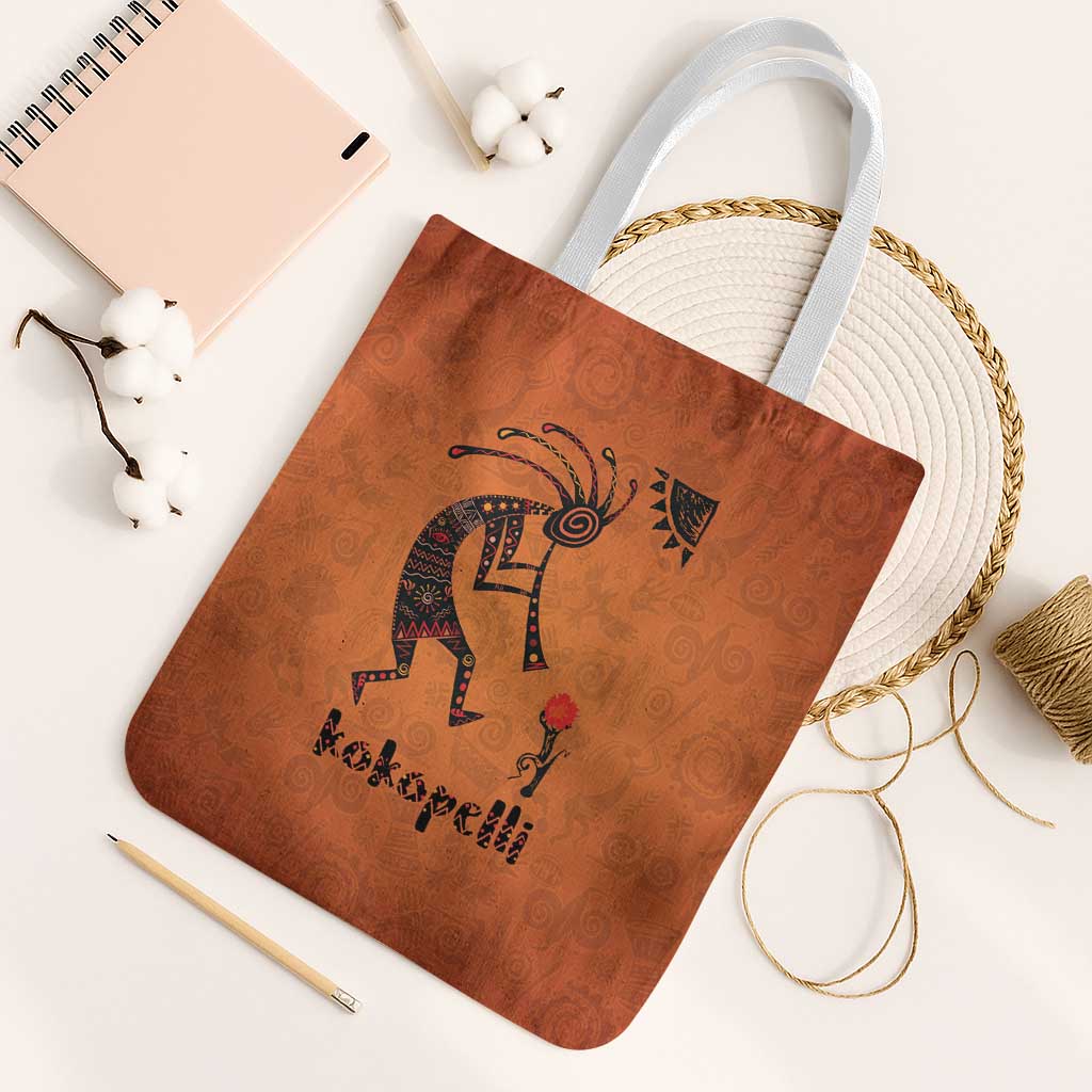 Kokopelli Tribal Tote Bag Native American Southwestern Petroglyph Patterns Sunset Landscape - Wonder Print Shop